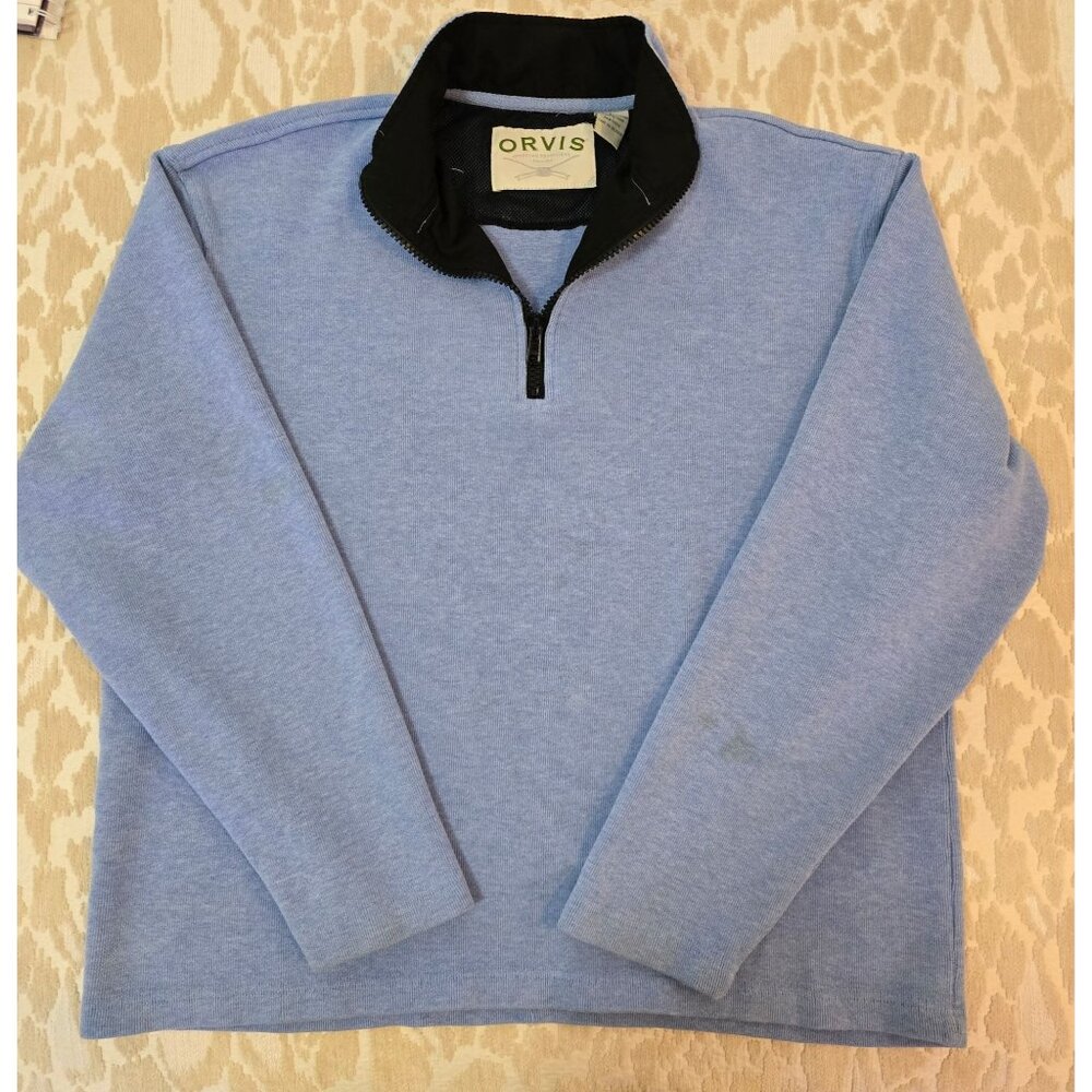 Orvis Mens Size L Light Blue 1/4 Zip Pullover w/ Sleeve Pocket Golf  READ